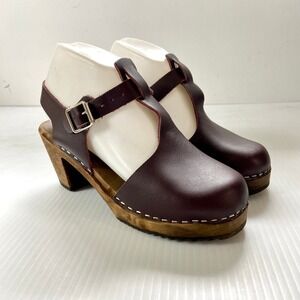 Lotta From Stockholm Highwood T Bar Clog Dark Plum Leather Womens EU 38 US 7.5 8